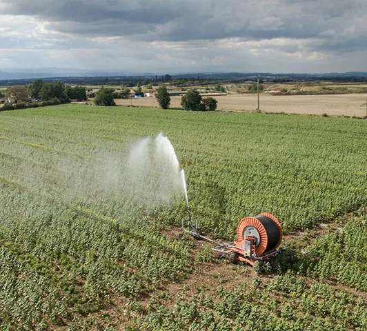 Vue aérienne d’un champ irrigué par un enrouleur à canon d’arrosage, sous un ciel nuageux.