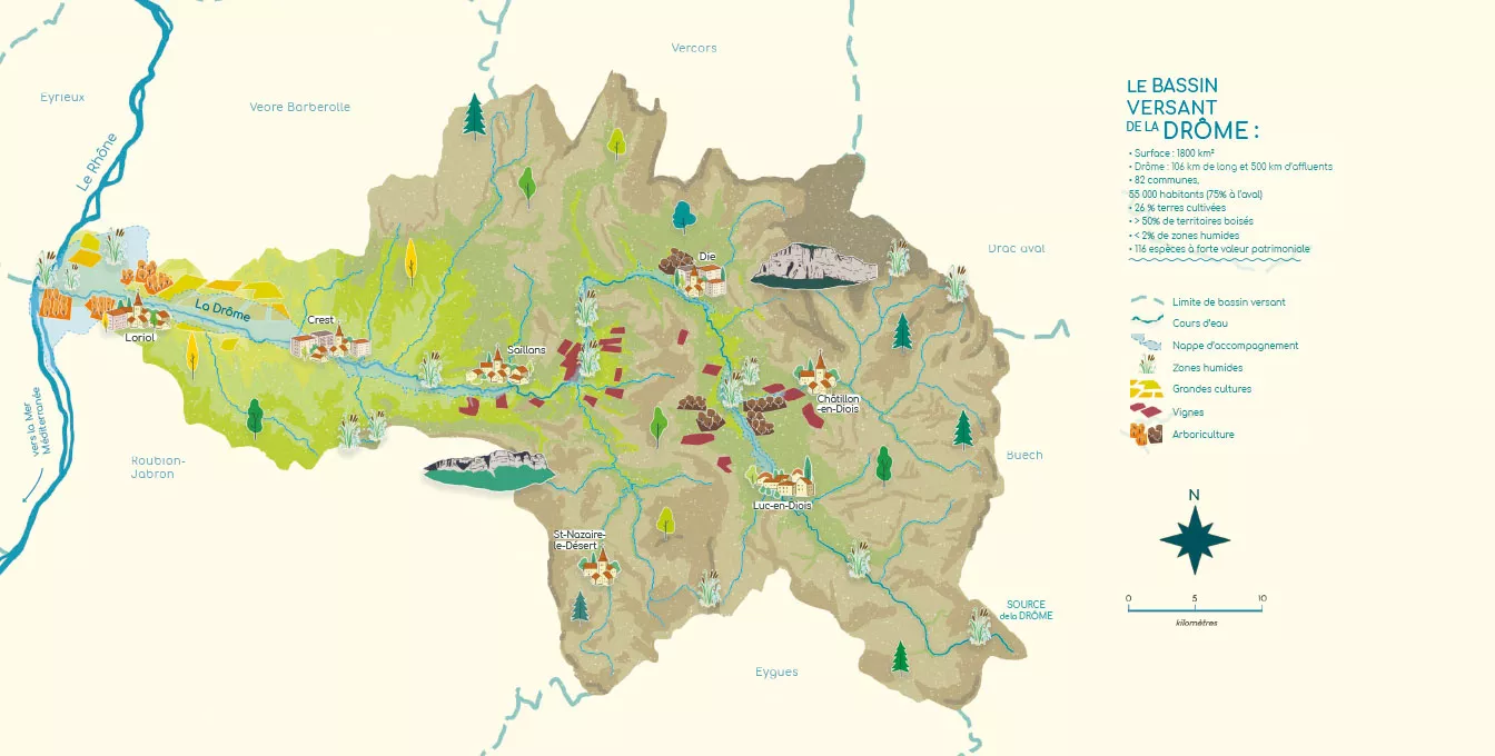 Carte illustrée du bassin versant de la rivière Drôme avec ses affluents, villes principales et usages du sol.