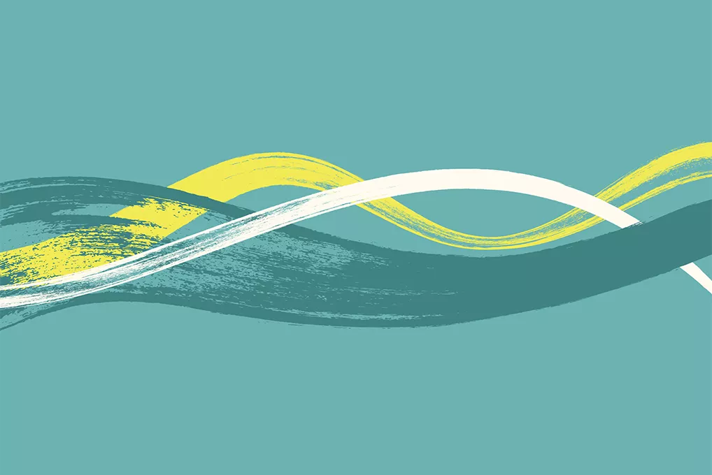 Illustration graphique abstraite représentant des lignes sinueuses entrelacées dans les tons bleu-vert, jaune et blanc qui représente les méandres de la rivière Drôme.