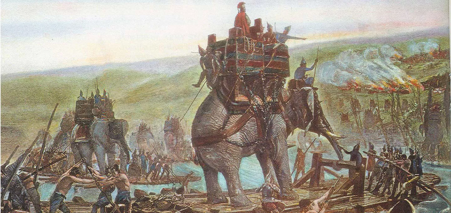 Peinture illustrant Hannibal traversant les Alpes avec son armée et des éléphants de guerre, sur un pont de fortune, sous un ciel brumeux avec des combats en arrière-plan.