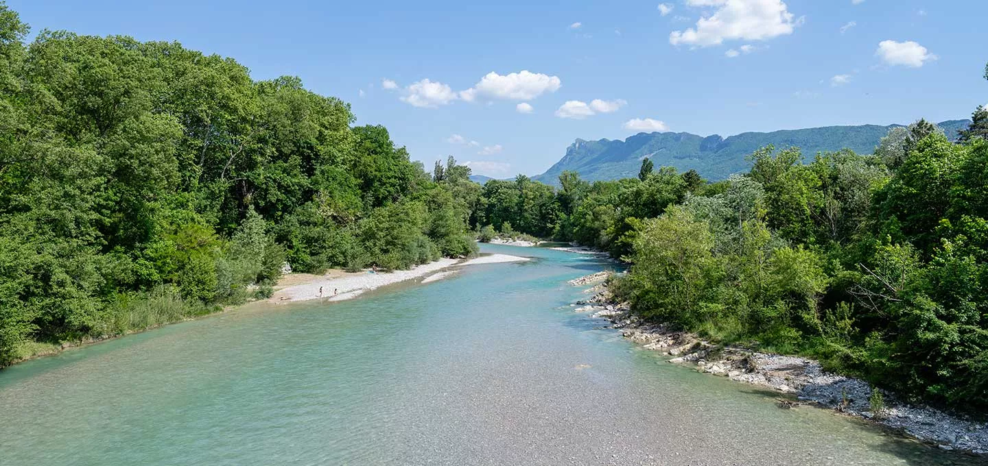 Vue de la rivière Drôme à Mirabel-et-Blacons, entourée de forêts et de galets, avec les montagnes en arrière-plan.