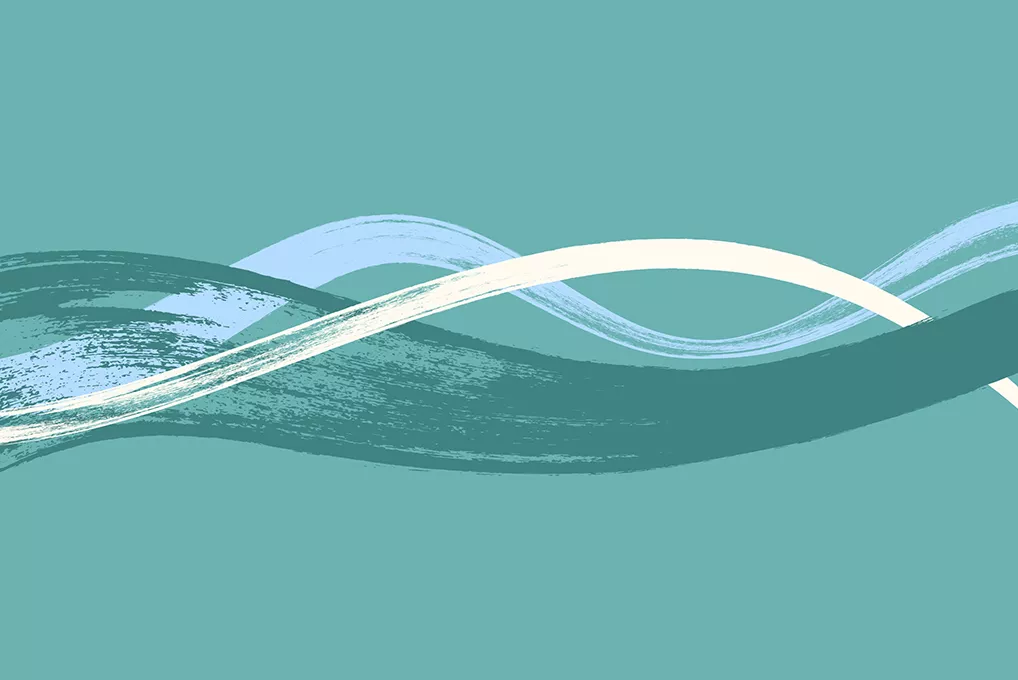 Illustration graphique abstraite de courbes fluides bleu-vert, bleu ciel et blanches, représentant symboliquement le cours d'une rivière.